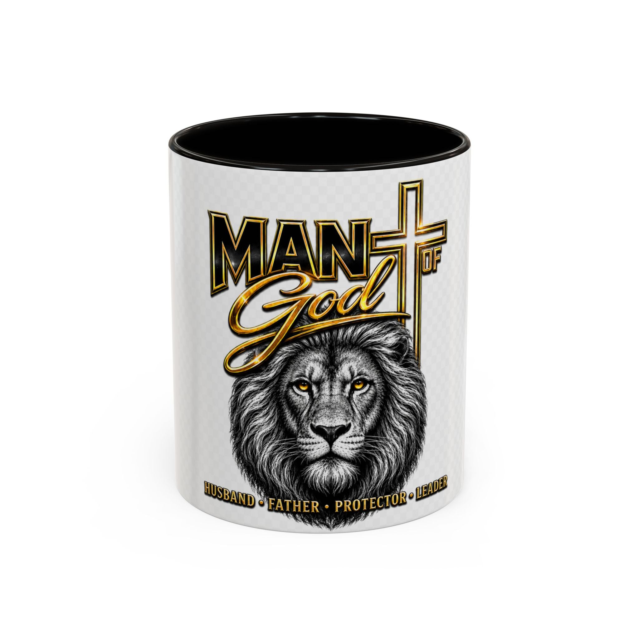 Man of God Lion Cross Mug — Christian Inspirational Coffee Cup (11oz/15oz)