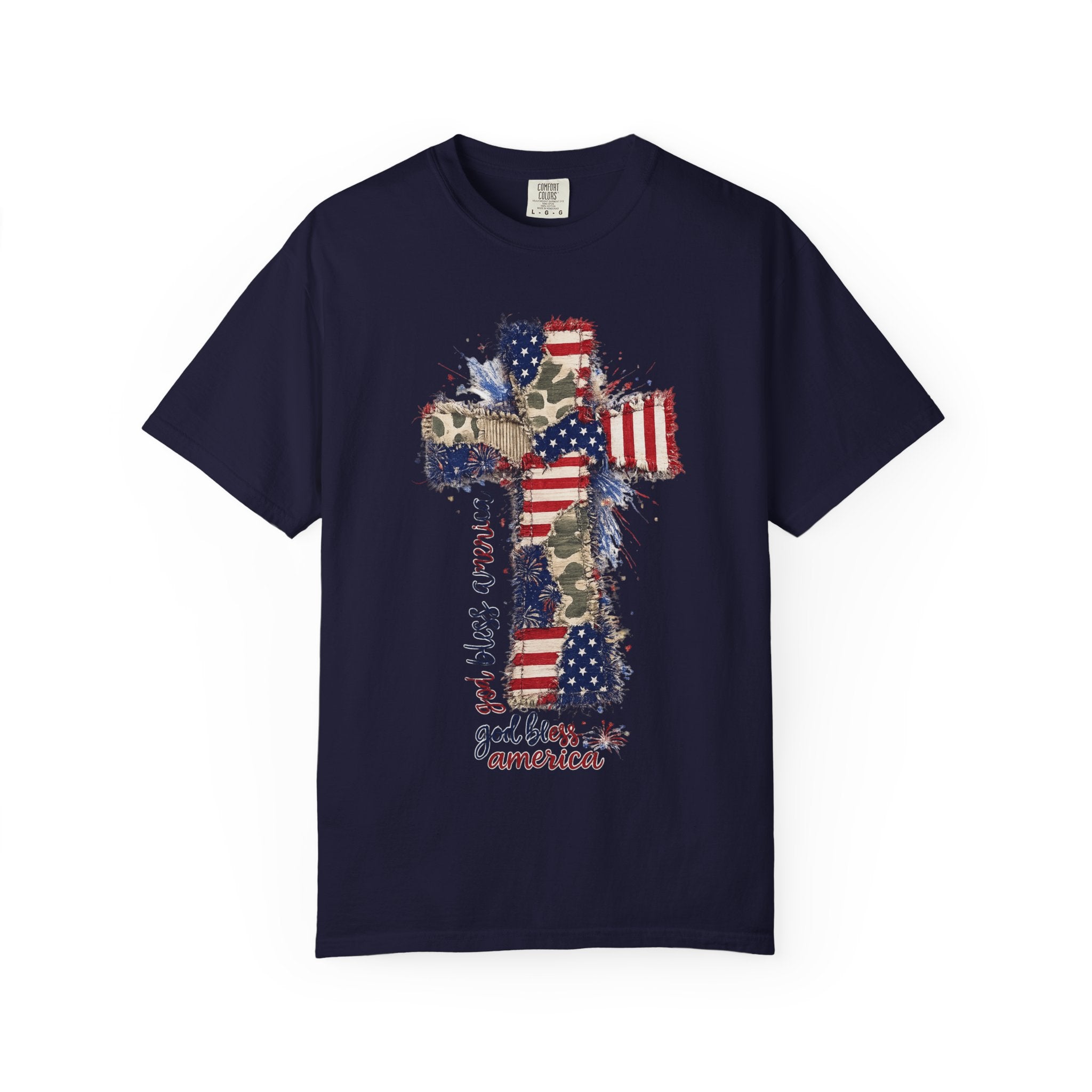 Patriotic Cross T-Shirt — "God Bless America" Christian Flag Tee