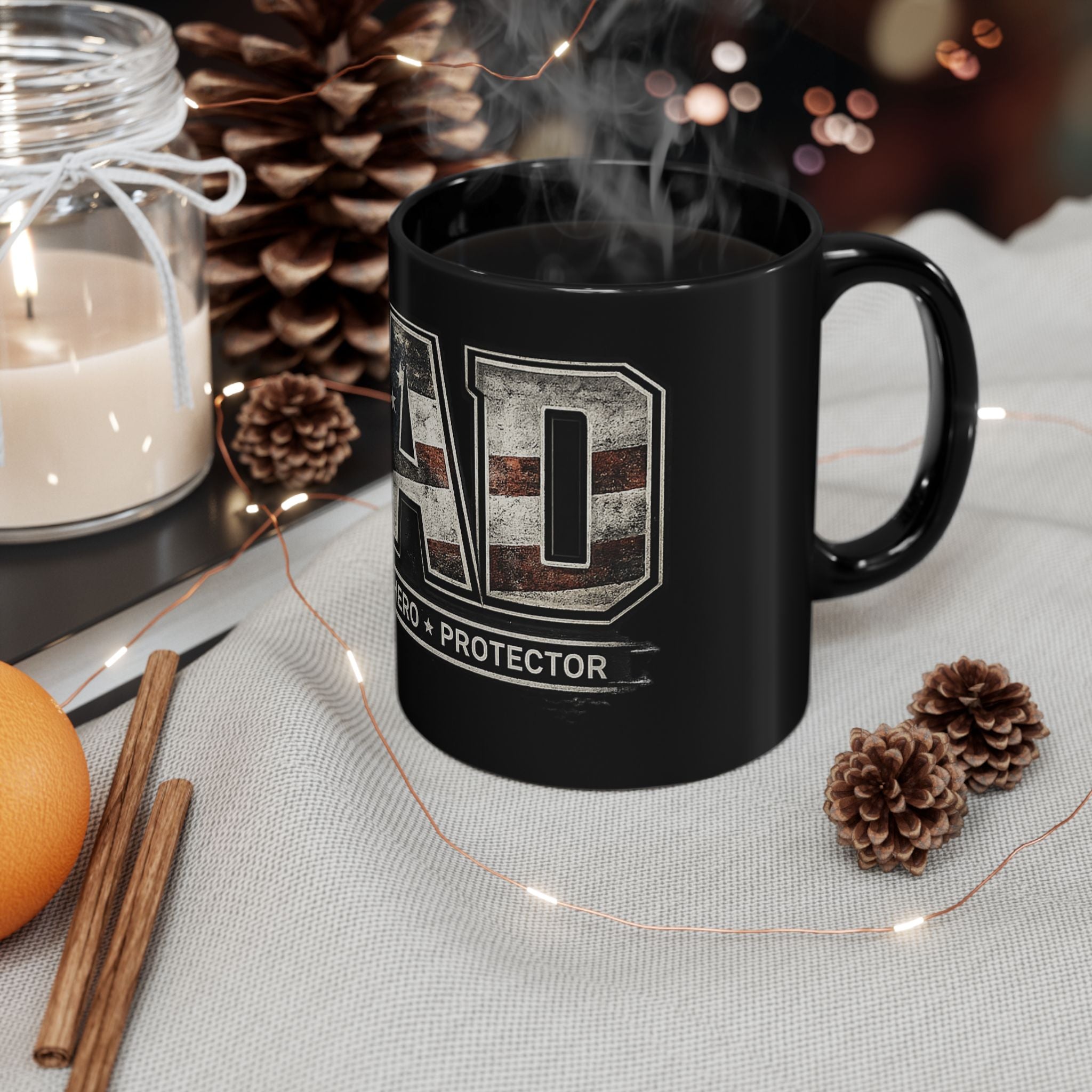 Dad Patriotic Black Mug — "Dad: Husband • Hero • Protector" Coffee Cup (11oz/15oz)