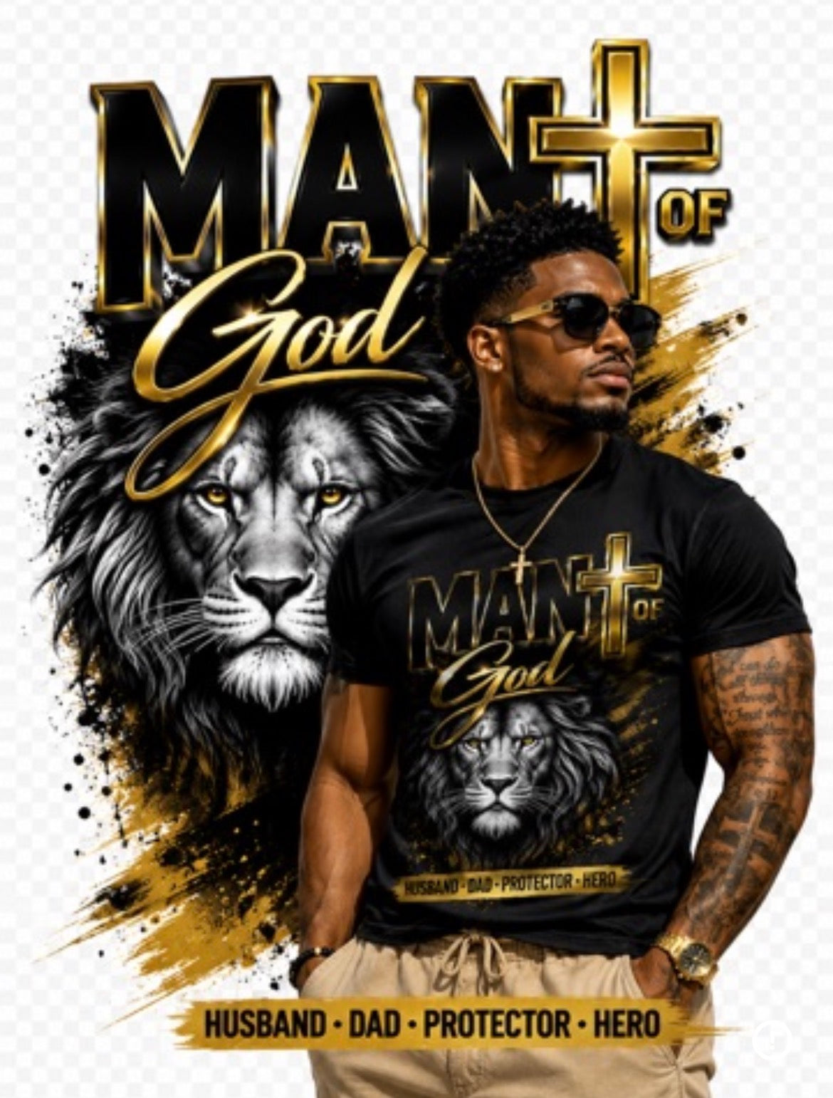 Man of God Lion T-Shirt — Christian Faith Cross Tee (Protector, Leader, Father)