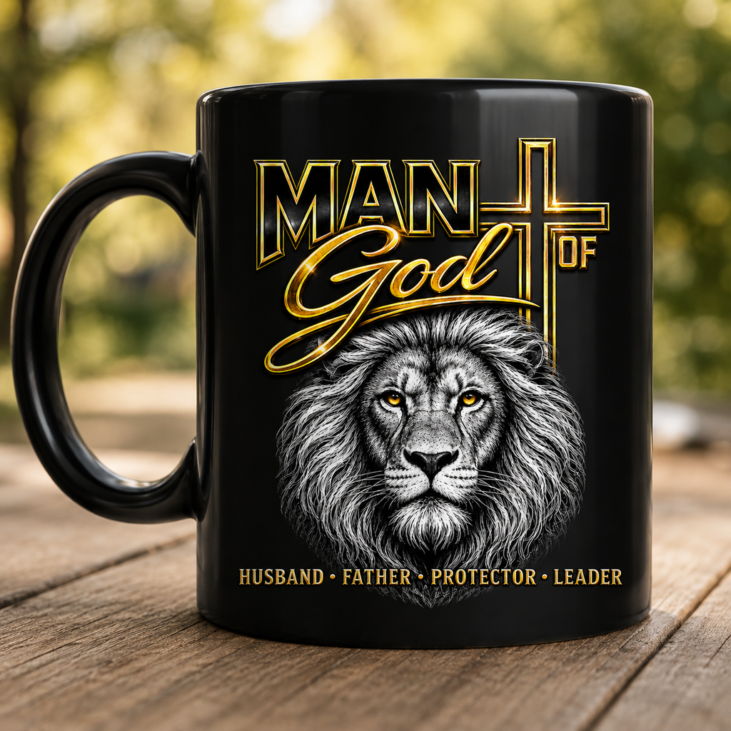 Man of God Lion Cross Mug — Christian Inspirational Coffee Cup (11oz/15oz)