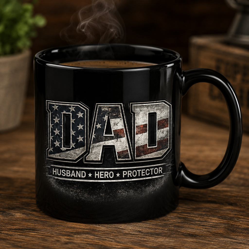 Dad Patriotic Black Mug — "Dad: Husband • Hero • Protector" Coffee Cup (11oz/15oz)