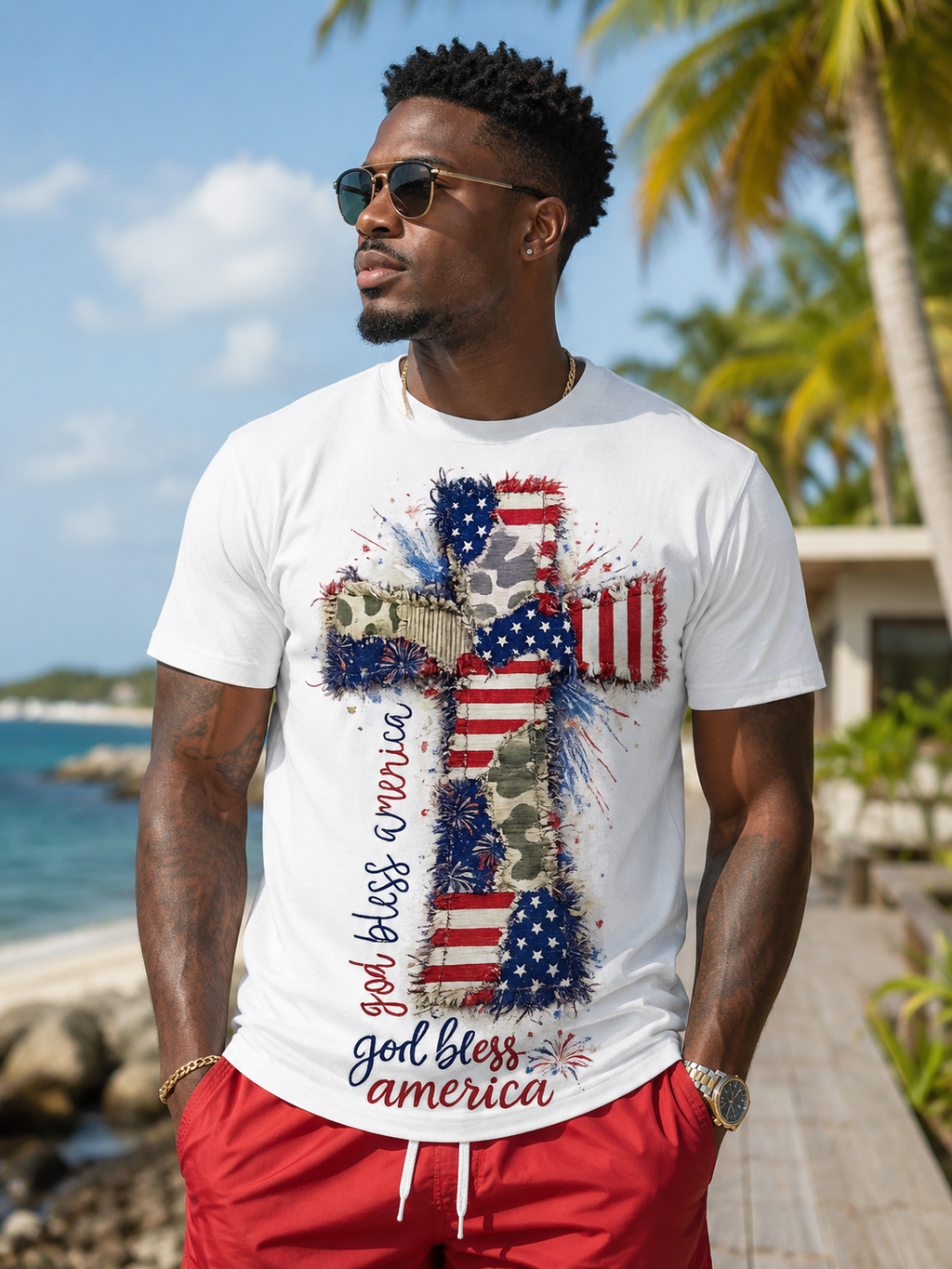 Patriotic Cross T-Shirt — "God Bless America" Christian Flag Tee