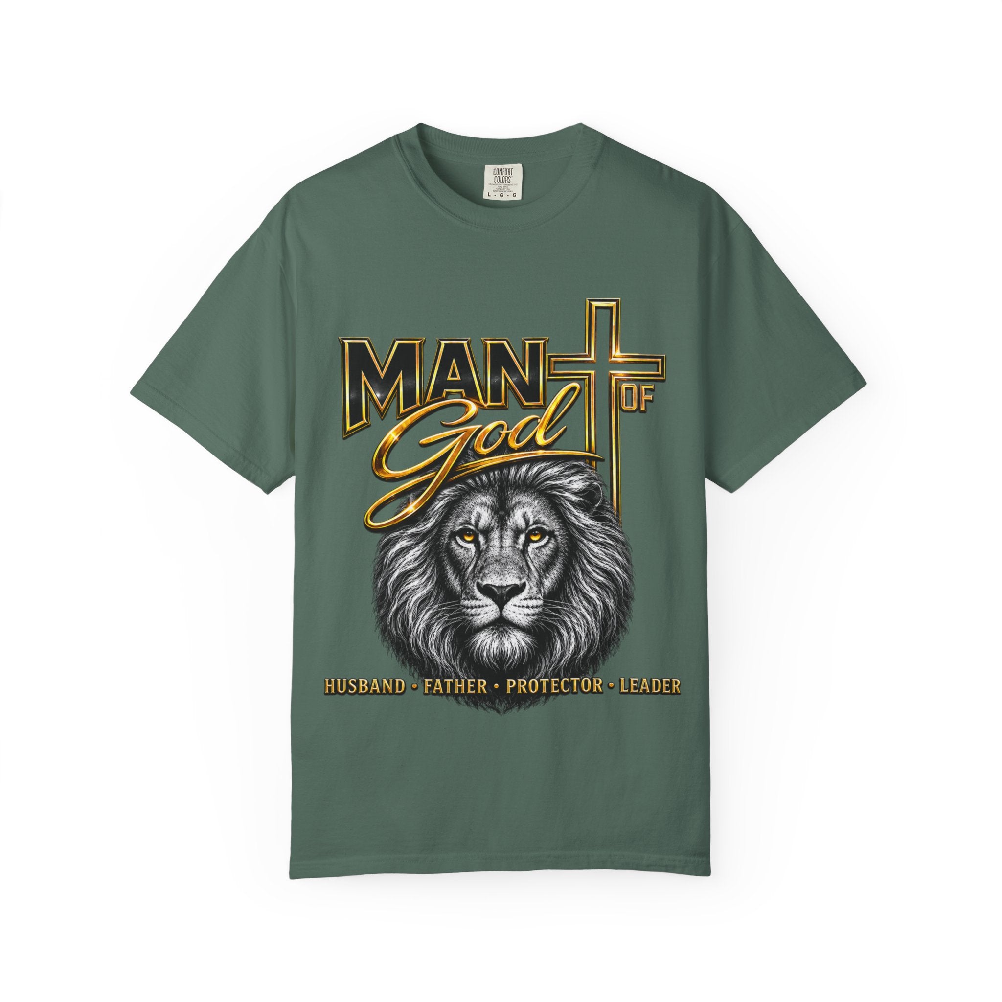 Man of God Lion T-Shirt — Christian Faith Cross Tee (Protector, Leader, Father)